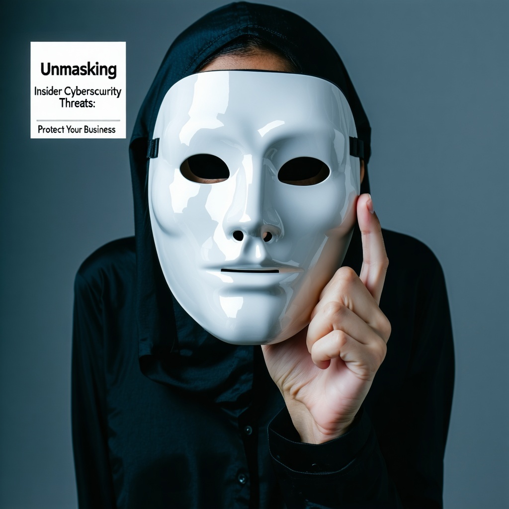 A person holding a mask infront of there face and a logo saying Unmasking Insider Cybersecurity Threats Protect Your Business-1